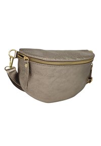 Sac bandoulière en métal argenté avec une forme incurvée, une fermeture éclair sur le dessus, des accessoires dorés et une texture lisse. Dispose d'une bandoulière ajustable.