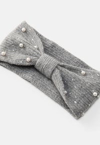 Hallitatud hall peapael, millel on kaar, kaunistatud valepärlite ja sädelevate sequinsidega. Pehme tekstuur ribakujulise mustriga.