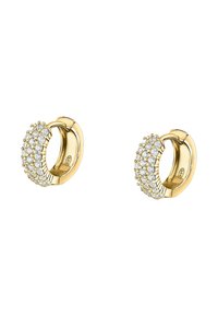 Goldene Creolen-Ohrringe mit drei Reihen kleiner runder klarer Edelsteine, polierter Oberfläche und einem Scharnierverschluss.