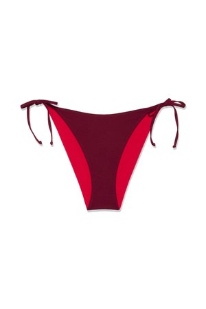 Γυναικείο κάτω μέρος μπικίνι με μπορντό κέντρο και κόκκινες πλευρικές πινελιές, με ρυθμιζόμενα κορδόνια δέσιμο σε κάθε γοφό.