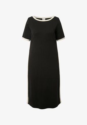 Černé šaty ke kolenům s krátkými rukávy, kulatým výstřihem a béžovým lemováním na límci, okrajích rukávů a bočních švech.