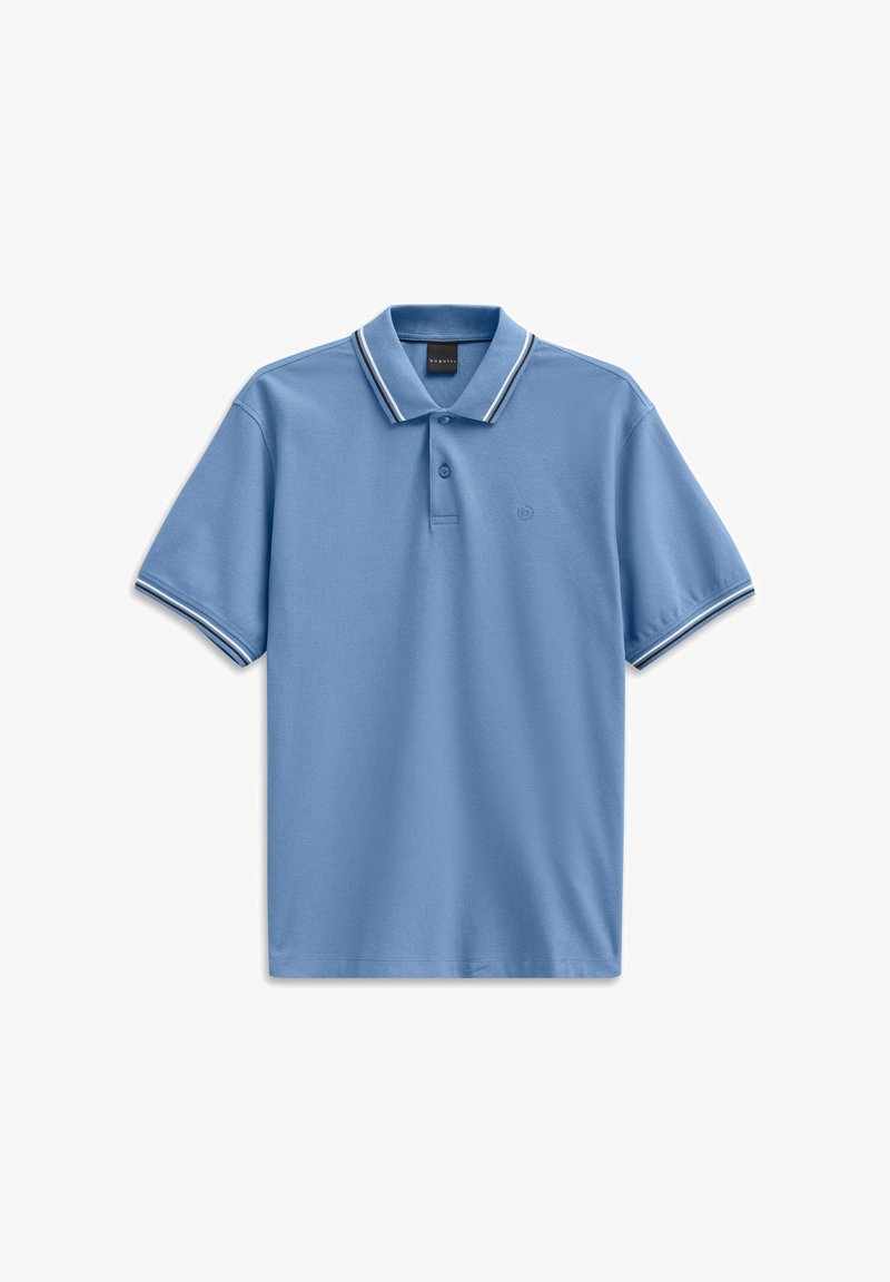 Helles blaues Poloshirt aus Baumwolle, mit klassischem Kragen, zwei Knöpfen und kontrastierenden weißen Streifen am Kragen und an den Ärmeln.