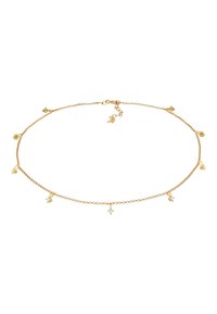 Collier en chaîne dorée avec de petits pendentifs et des accents suspendus, orné de quelques pierres précieuses transparentes, doté d'une fermeture à mousqueton.