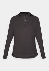 Svart långärmad hoodie med snörning i huvan, raglanärmar och en framficka i kängurustil; tillverkad av ett mjukt, lätt material.