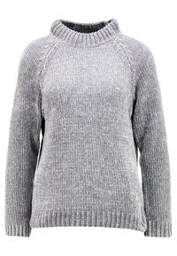 Grauer Strickpullover mit hohem Kragen, strukturiertem Rippenmuster und langen Ärmeln. Er hat einen lässigen Schnitt und einen umgeschlagenen Saum.