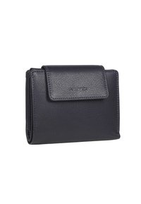 Cartera de cuero azul marino con superficie texturizada, tapa plegable y logo embosado. Cuenta con múltiples compartimentos y cierre seguro. Diseño compacto.