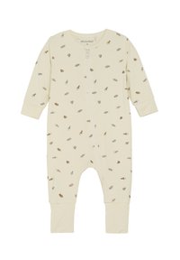 Krämfärgad babybody i mjukt tyg, med dragkedja framtill och spridda lövmönster i brunt och grått. Långa ärmar och figurnära ärmslut.
