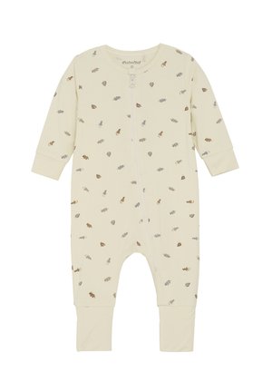 Krämfärgad babybody i mjukt tyg, med dragkedja framtill och spridda lövmönster i brunt och grått. Långa ärmar och figurnära ärmslut.