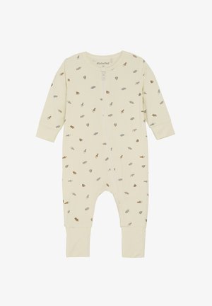 Cremefarvet baby heldragt lavet af blødt stof, med en frontlynlås og spredte bladmønstre i brun og grå. Lange ærmer og tætsiddende manchetter.