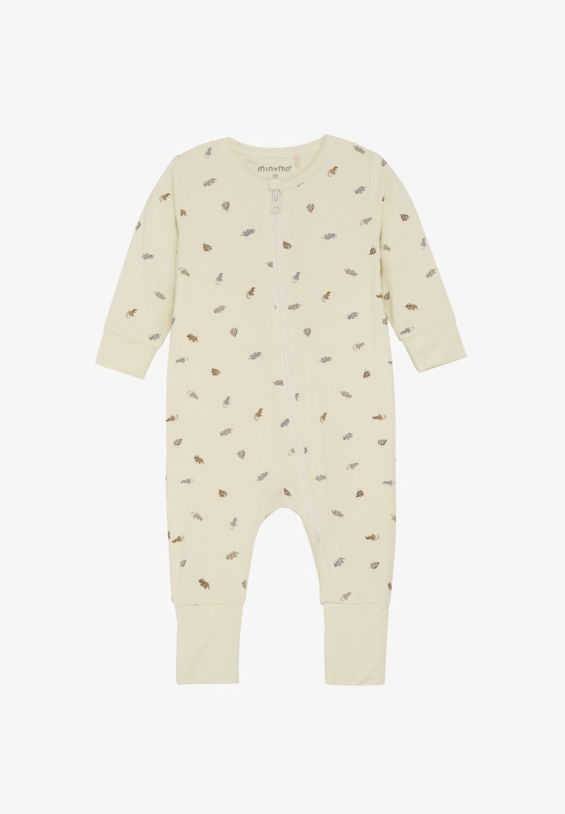 Crème kleurige baby romper gemaakt van zachte stof, met een voorkeursrits en verspreide bladmotieven in bruin en grijs. Lange mouwen en aansluitende manchetten.