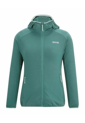 Zielonkawoniebieska kurtka outdoor z pełnym zamkiem błyskawicznym, kapturem, dwoma kieszeniami na zamek oraz logo "Regatta Great Outdoors" na piersi.