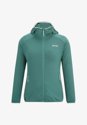 Zielonkawoniebieska kurtka outdoor z pełnym zamkiem błyskawicznym, kapturem, dwoma kieszeniami na zamek oraz logo "Regatta Great Outdoors" na piersi.