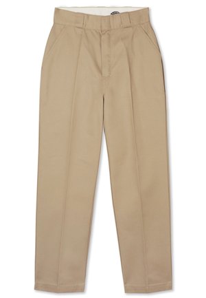Khaki dress pants, made of smooth fabric, featuring a straight leg design, two front pockets, and tucked pleats for a tailored look.