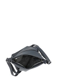 Blue leather crossbody bag with a single zippered compartment, silver hardware, and a smooth exterior. Interior features a patterned lining.