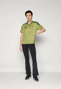 Persona de pie con la mano en la cadera, vistiendo una camisa verde con un patrón de rayas negras y pantalones negros, contra un fondo claro y liso.