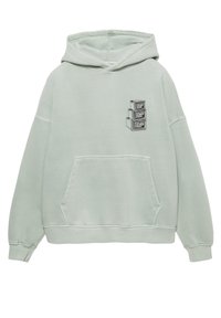 Mintgroene hoodie met een voorvak en een afbeelding van gestapelde dozen op de linkerborst. Gemaakt van zacht materiaal met een ontspannen pasvorm.