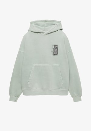 Mint green hoodie with a front pocket, featuring a graphic of stacked boxes on the left chest. Made of soft fabric with a relaxed fit.