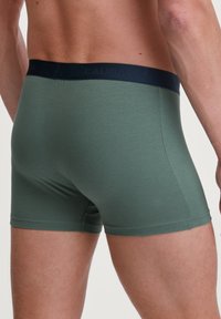 Donkergroene boxershorts met een marineblauwe elastische tailleband. De stof lijkt glad en aansluitend, zonder zichtbare patronen of logo's.