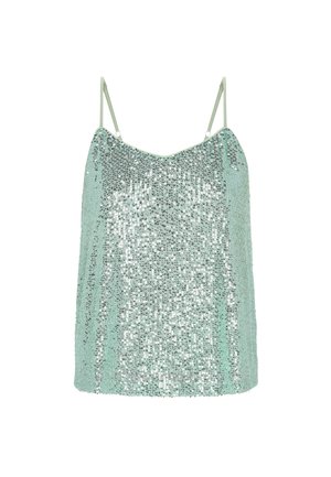 Mėtų žalios spalvos tankus su plonomis petnešomis, padengtas atspindinčiais sidabriniais blizgučiais, pasižymintis laisvu pjaustymu ir minkšta audinio tekstūra.