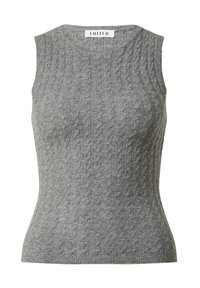 Ärmelloser grauer Strickpullover mit einem Zopfmuster, runden Ausschnitt und einer figurbetonten Passform. Glatte Textur, gerippter Saum am unteren Ende.