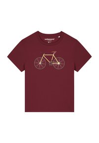 T-shirt bordeaux avec un graphisme de bicyclette jaune, encolure ronde, manches courtes et texture en coton doux. Design décontracté adapté à un usage quotidien.