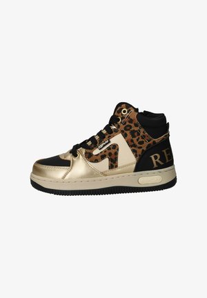 Hoge sneakers met gouden, zwarte en luipaardprint panelen, zwarte veters en 'REPLAY' branding op de zijkant en zool.