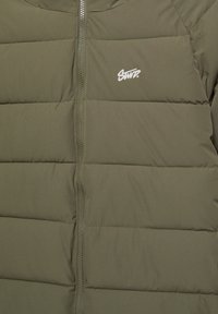 Giacca imbottita verde con chiusura a zip e pannelli cuciti. Piccolo logo bianco sul lato sinistro del petto. Materiale liscio e leggero.
