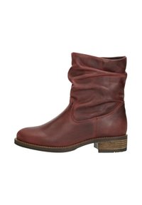 Red leather ankle boot with a slouchy design, rounded toe, and a wooden stacked heel. Smooth texture with subtle sheen.