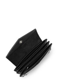 Black leather wallet with a textured finish, an open design showing multiple card slots and a snap closure detail.