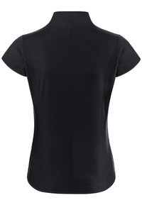 Haut noir à manches courtes avec un col haut, texture lisse, coupe structurée et coutures latérales discrètes, avec un ourlet inférieur arrondi.