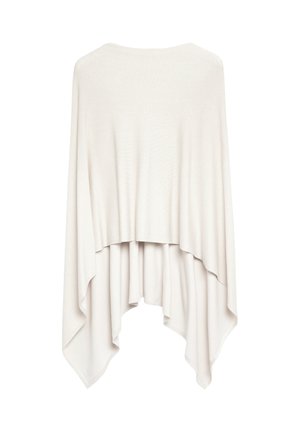 Cream-colored soft fabric shawl with a draped, asymmetrical hem and smooth texture, displayed on a white background.