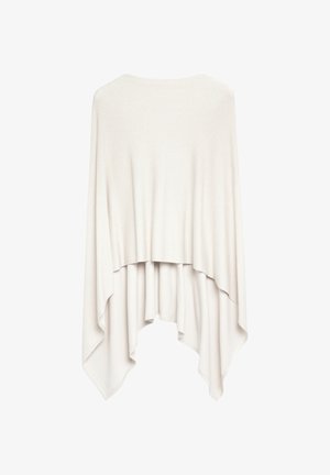 Cream-colored soft fabric shawl with a draped, asymmetrical hem and smooth texture, displayed on a white background.