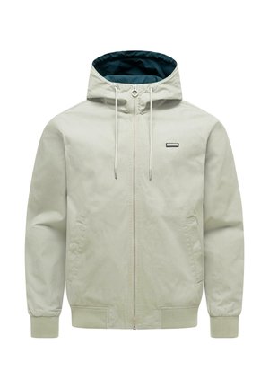 Lichtbeige gewatteerd jack met capuchon, ritssluiting aan de voorkant, koordjes, geribde boorden, zijzakken en een donker binnenvoering.