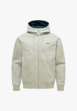 Giacca con cappuccio beige chiaro con cerniera frontale, coulisse, polsini a costine, tasche laterali e rivestimento interno scuro.