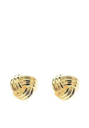 Coppia di orecchini a bottone con nodo intrecciato color oro con finitura lucida e levigata.