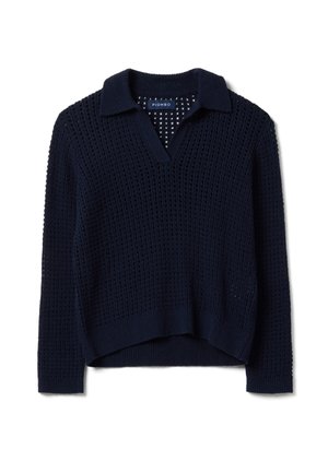 Marineblauer Strickpullover mit langen Ärmeln, offenem Maschenmuster, Kragen und V-Ausschnitt, mit der Aufschrift "Piombo".