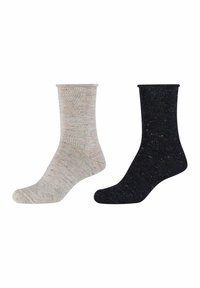 Lette grå bomuldsstrømper med farverige spidser og mørkegrå med lignende spidser, hver med ribbede manchetter og sømløst tådesign.