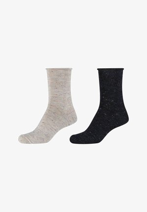Baumwollsocken inHellgrau mit bunten Sprenkeln und Dunkelgrau mit ähnlichen Sprenkeln, jeweils mit einem gerippten Bund und nahtlosem Zehenbereich.