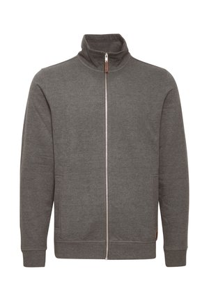 Grijze zip-up jas met hoge kraag, voorzien van zijzakken en ribbelmanchetten. Gemaakt van zachte stof, met een schoon, minimalistisch ontwerp.