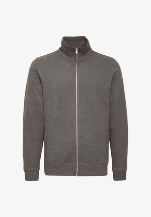 Gray zip-up jacket with a high collar, featuring side pockets and ribbed cuffs. Made of soft fabric, with a clean, minimalist design.