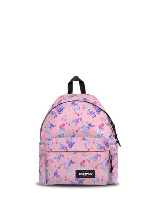 Zaino rosa con motivo floreale viola e blu, tiralampo neri, maniglia nera in alto, tasca frontale e patch con logo Eastpak.