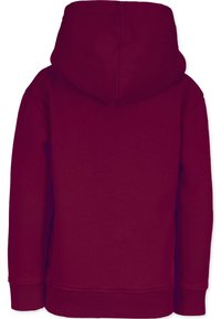 Röd luvtröja i mjukt tyg, med en känguruficka, ribbade ärm- och fållkanter, med en slät yta och avslappnad design.
