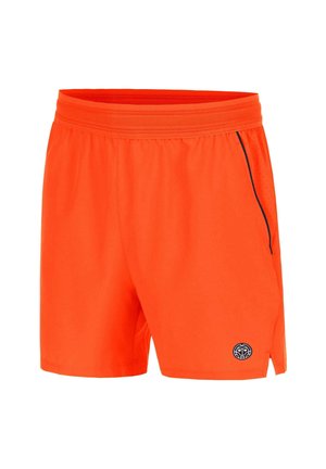 Helle orangefarbene Sportshorts mit elastischem Bund und kleinem Logo nahe dem unteren Saum am linken Bein.