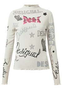 Top à manches longues en maille côtelée de couleur gris clair. Présente des textes noirs et roses, ainsi que des cœurs, des étoiles et un col effiloché. Texture douce et coupe ajustée.