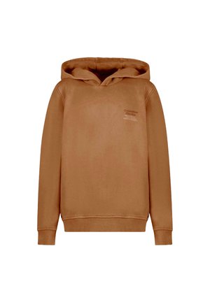 Bruine hoodie gemaakt van zacht materiaal, met een voorzak, geribbelde manchetten en een kleine grafische print op de borst.