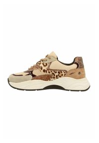 Chunky sneakers featuring a mix of beige suede and leopard print accents, with textured metallic detailing and a thick white sole.