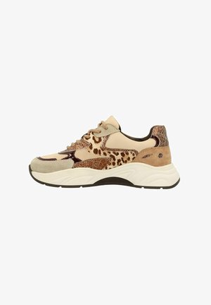 Chunky sneakers featuring a mix of beige suede and leopard print accents, with textured metallic detailing and a thick white sole.