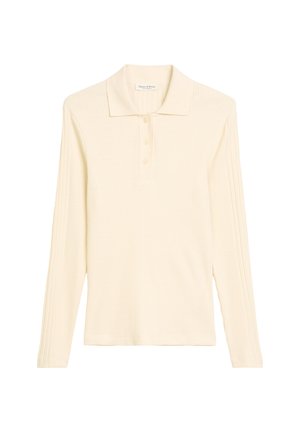 Polo à manches longues en doux tissu côtelé beige clair avec un col classique et une patte de boutonnage à trois boutons, présentant des détails de texture subtils.