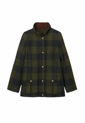 Green and blue plaid jacket with a high collar, brown accents, gold buttons, and two front pockets. Made of textured fabric.