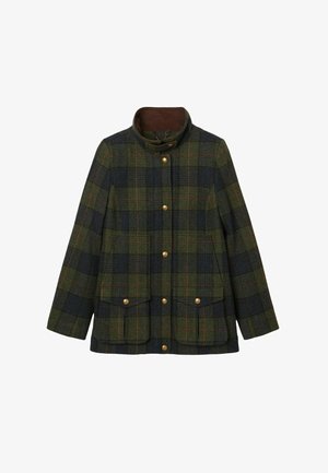 Green and blue plaid jacket with a high collar, brown accents, gold buttons, and two front pockets. Made of textured fabric.